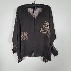 Grade & Gather Womens Black Printed V-Neck Balloon Sleeve Top Blouse Large New